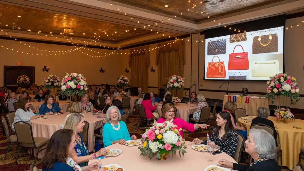 Charity bingo fundraiser event in a civic center ballroom with women at decorated round tables, designer purses on display, and string lights overhead