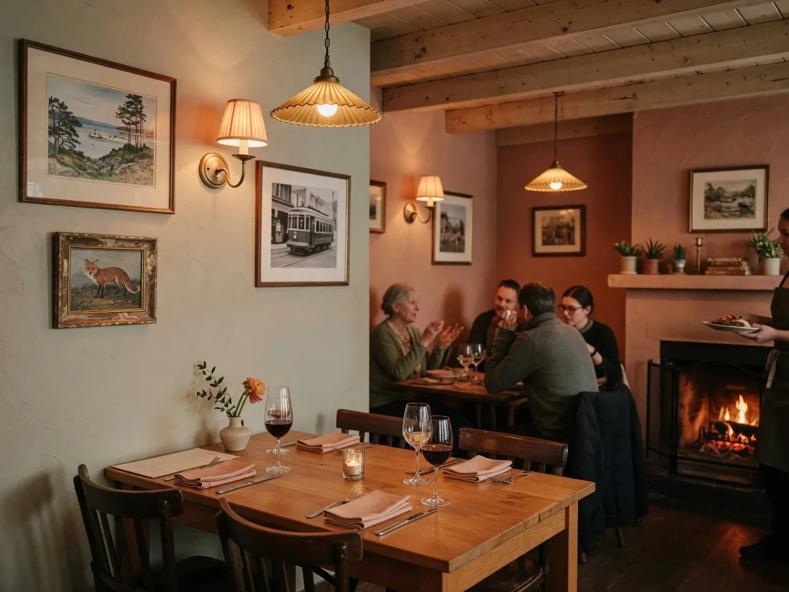 A cozy Multnomah Village restaurant with wooden tables, wine glasses, and warm lamplight