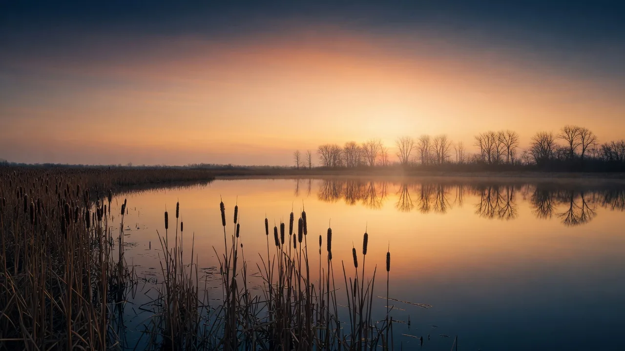 Sunset across a flat prairie lake with cattail silhouettes