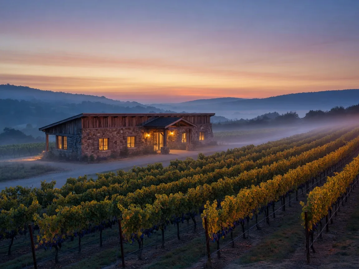 Vineyard rows at dusk leading to a timber winery with warm glowing windows