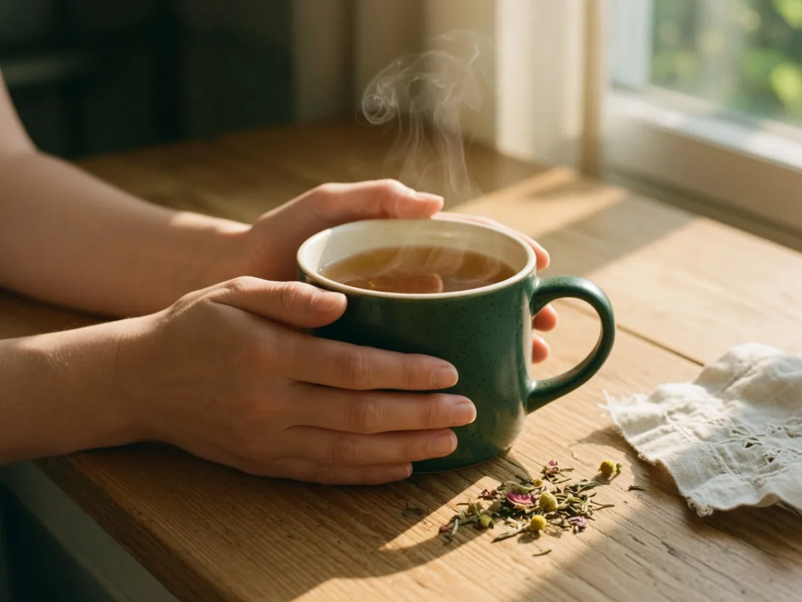 Hands wrapped around a warm mug of herbal tea at a sunlit table