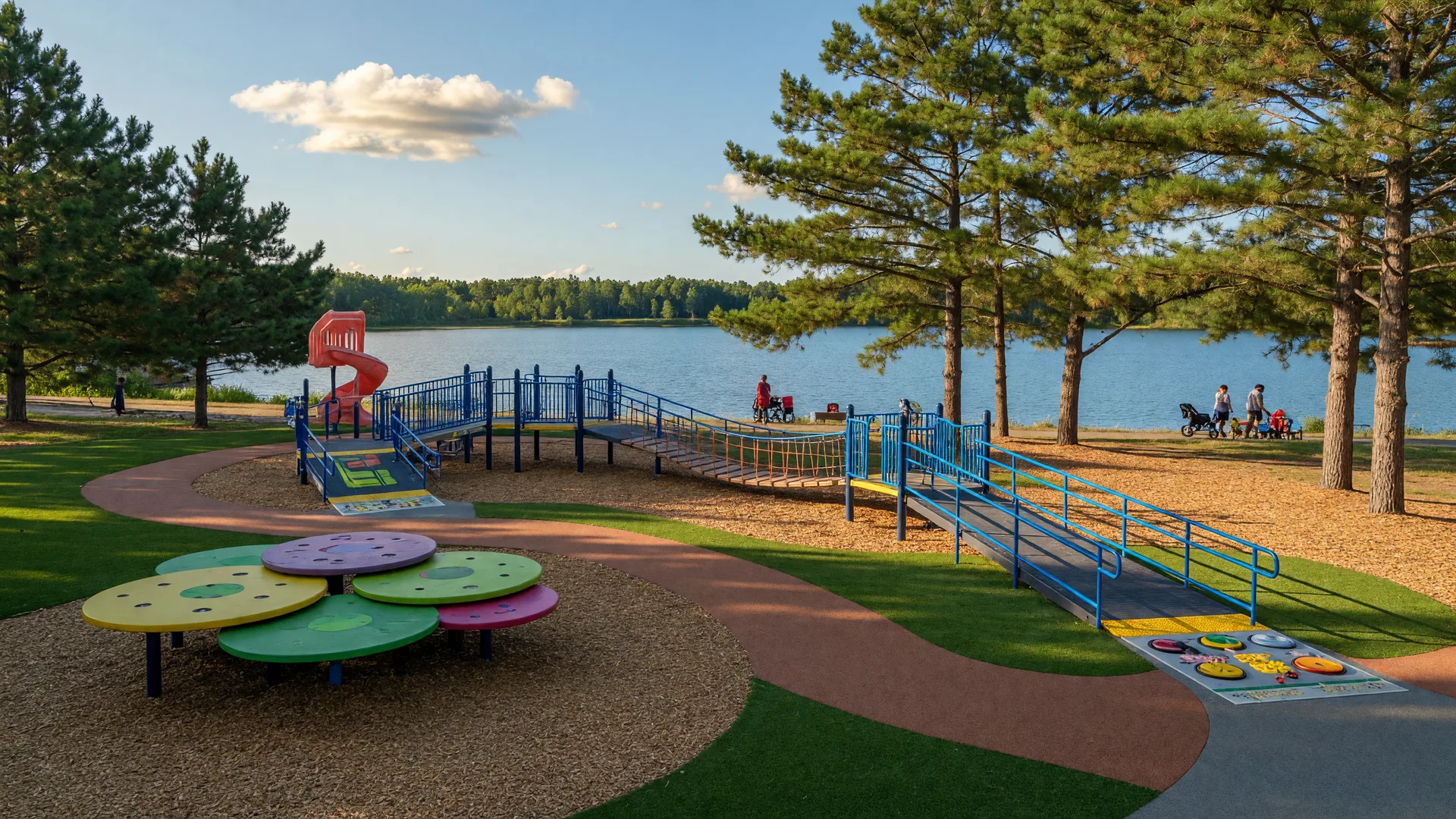 Inclusive lakeside playground with lily pad play structures and accessible ramps near Nisswa