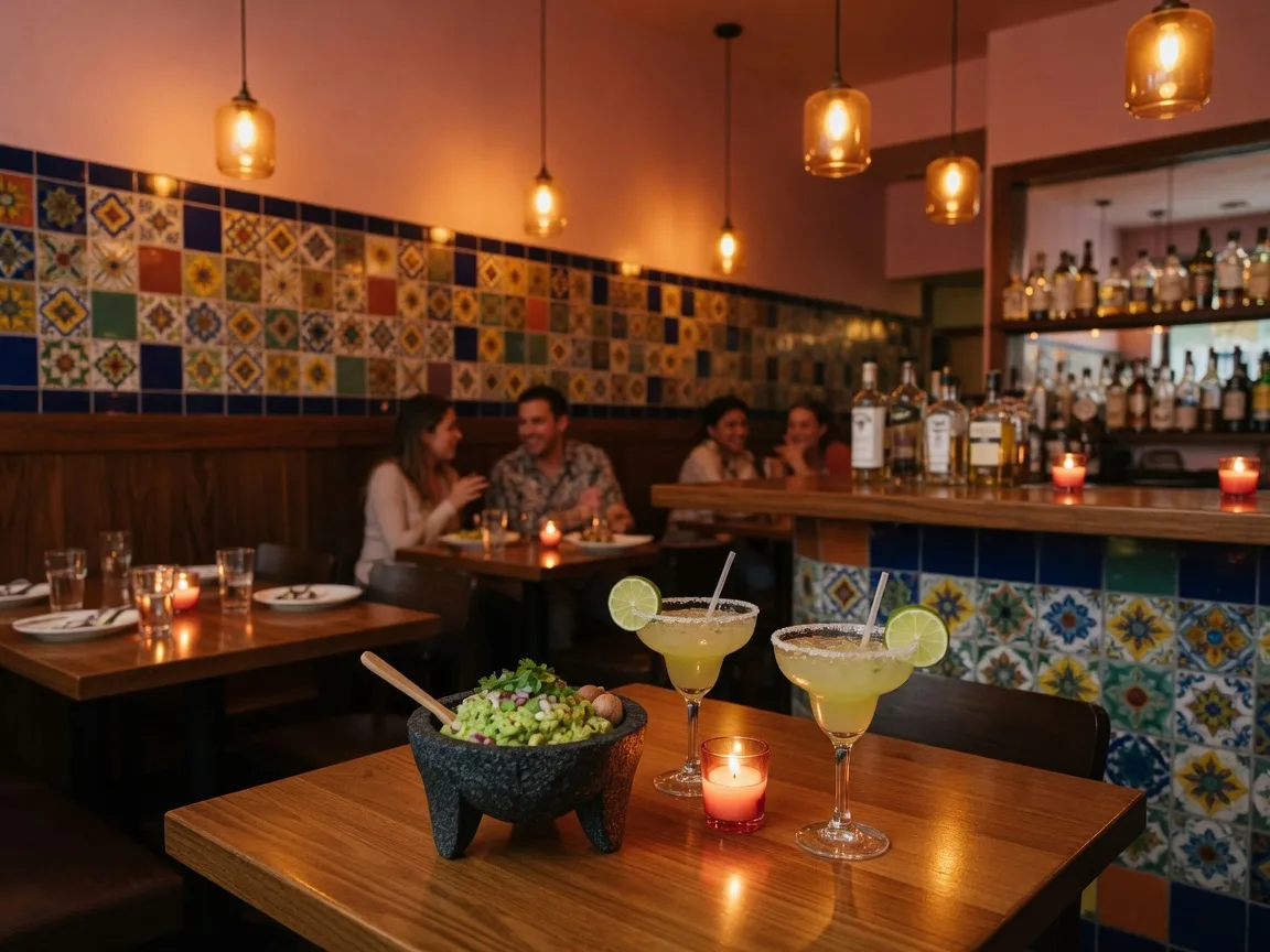 Warm restaurant interior with amber pendant lights over a wooden bar, colorful tile accents, and guacamole and margaritas on a table