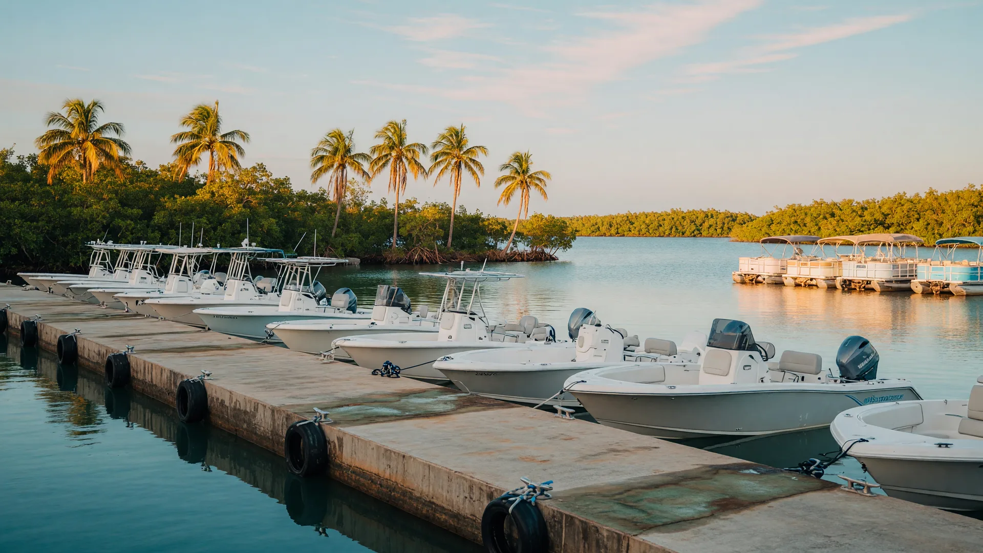 A line of clean white center-console and pontoon rental boats moored along the docks at Tavernier Creek Marina in the Florida Keys at golden hour, palms and mangroves lining the calm bayside water