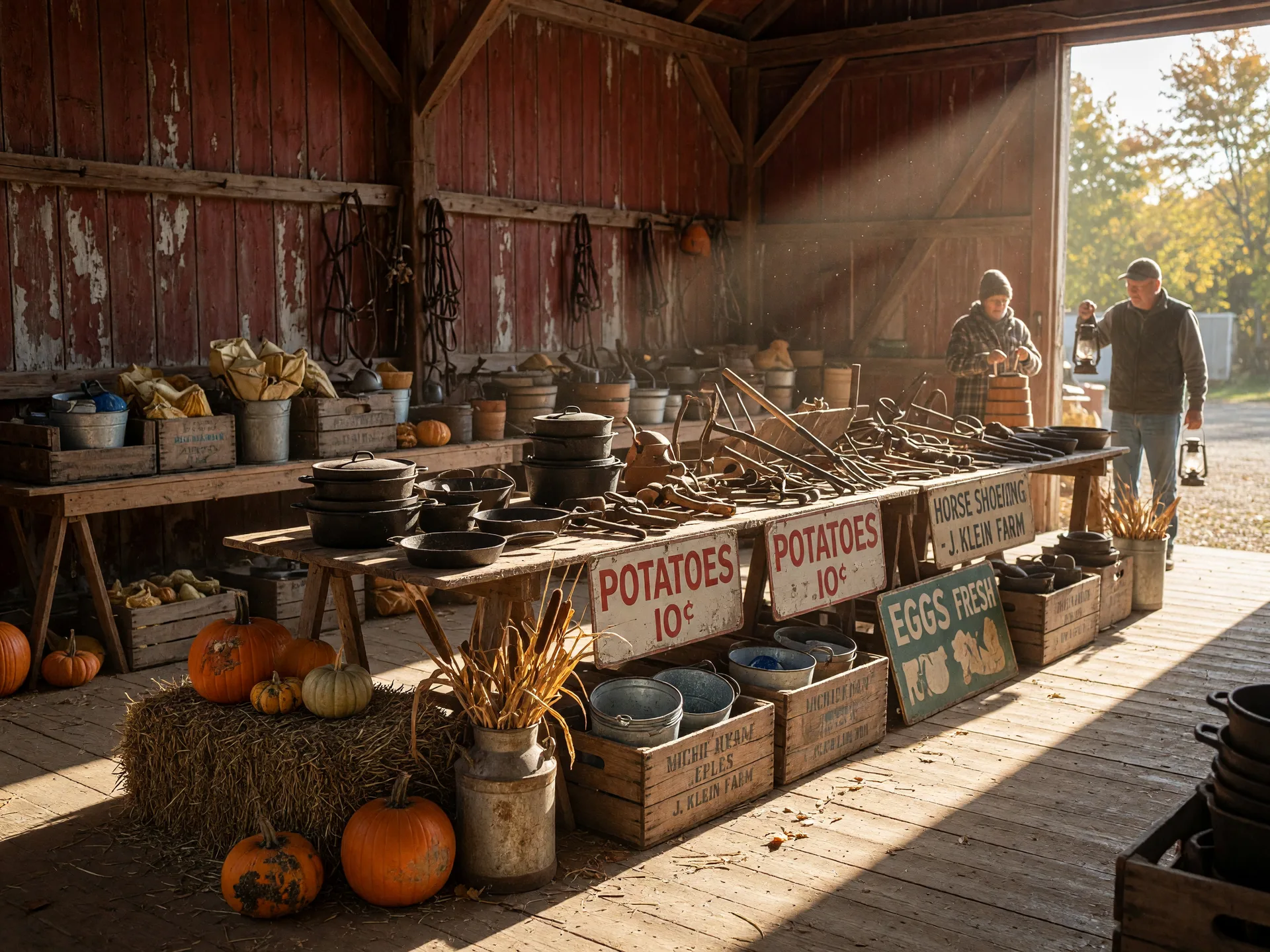 Long wooden tables of vintage farm tools and cast-iron cookware inside a red barn at an October antique festival, with pumpkins by the entrance