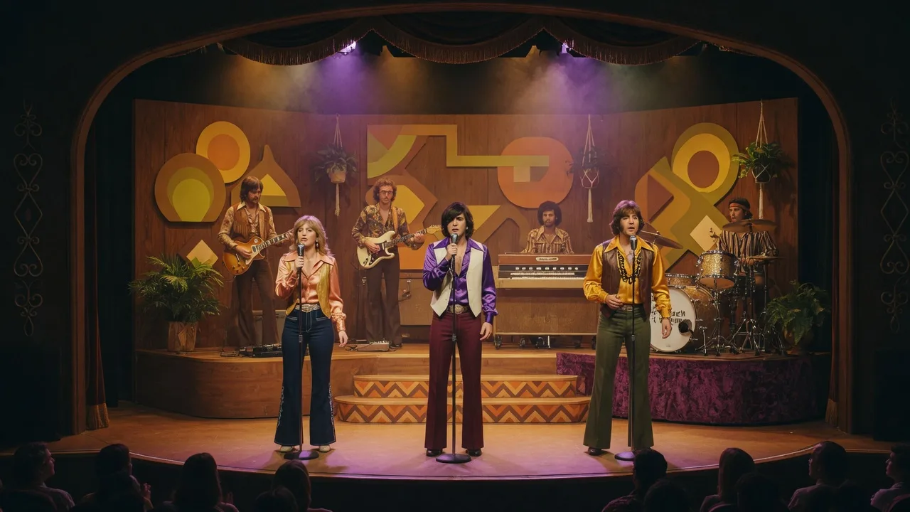 A 1970s soft-rock tribute revue on a proscenium theatre stage, three vocalists at vintage microphones with a live band under warm amber and purple stage lights