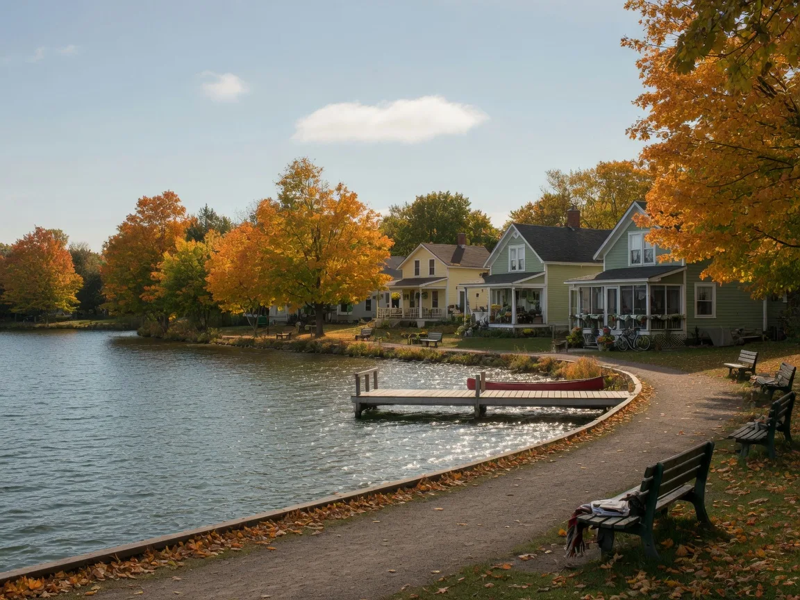 The Lake Scugog shoreline in early autumn, with a walking path, benches, a small dock and maple trees turning gold and orange
