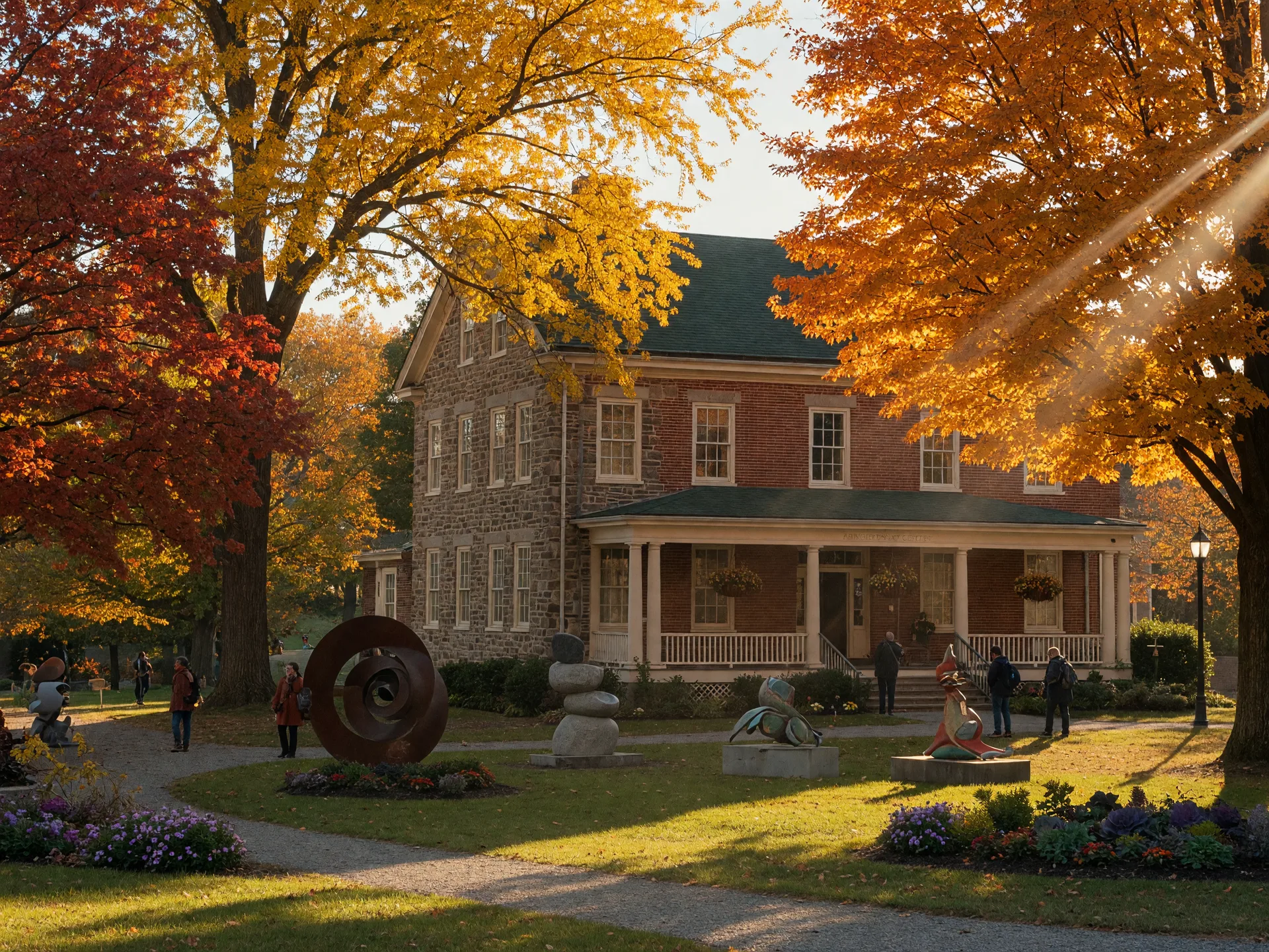 The historic stone and brick Abington Art Center campus on a golden October afternoon, autumn trees in orange and gold framing the building, sculptural pieces on the lawn, distant visitors strolling the grounds in the low sun