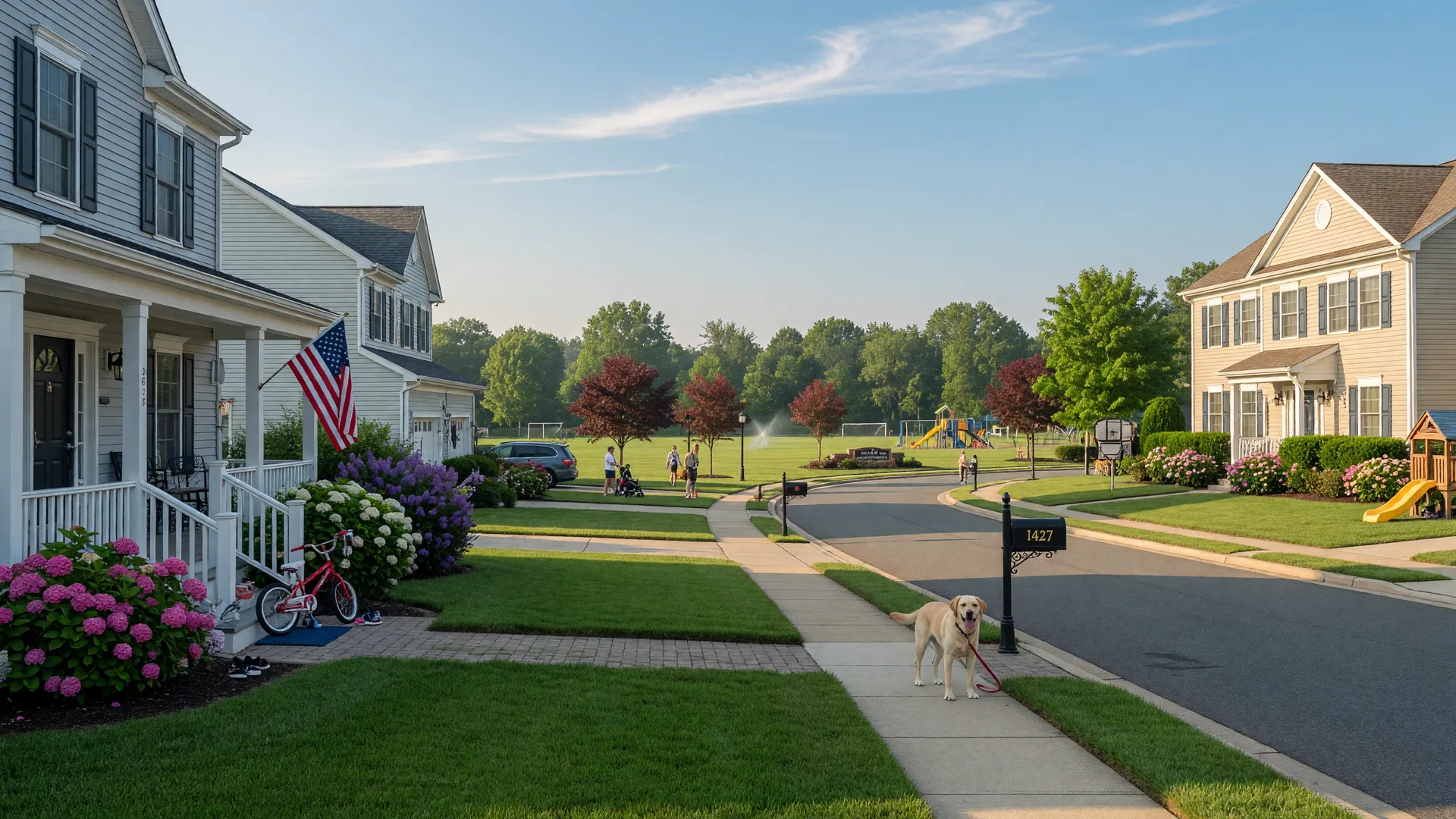 Suburban neighborhood in Mount Laurel NJ on a bright summer morning with well-maintained homes and green lawns