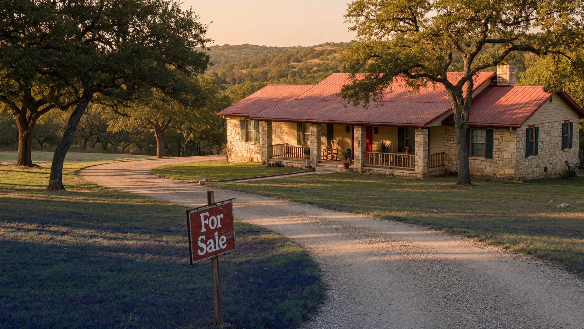 A Texas Hill Country home with a For Sale sign partially visible, seen from the driveway in warm golden-hour light
