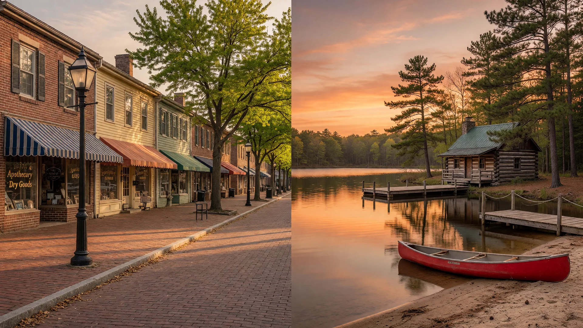 Split-screen view of historic Medford Village Main Street on the left and a calm Medford Lakes Pine Barrens lake with a log cabin and canoes on the right