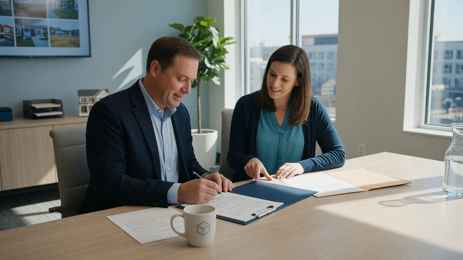 Two people reviewing and signing real estate documents at a modern conference table in a bright Dayton Ohio office, representing the new buyer agency agreement requirement