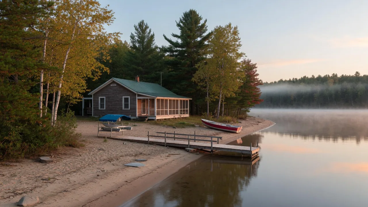 A classic Minnesota lake cabin on a calm, sandy shoreline with a wooden dock at morning