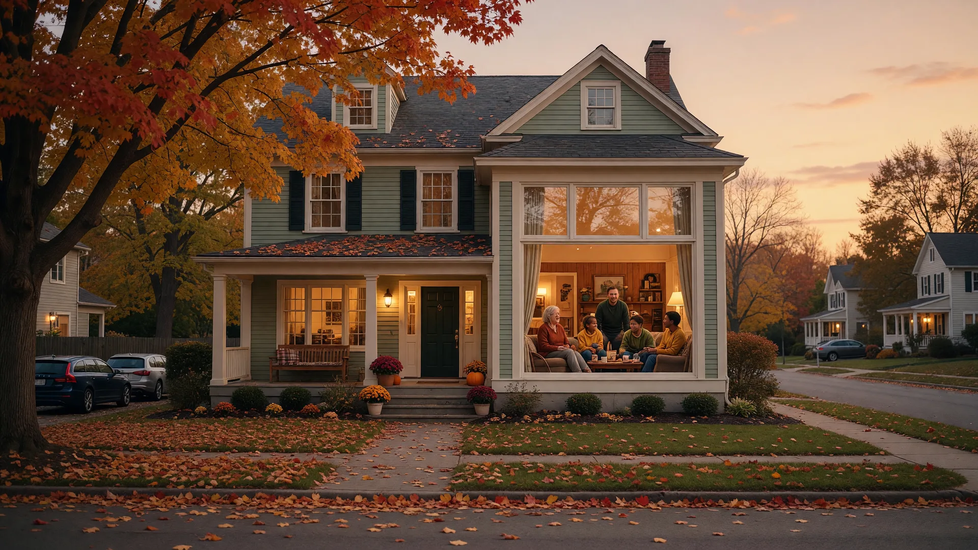 Elegant home exterior at golden hour with autumn foliage, representing inheritance and generational property transfer