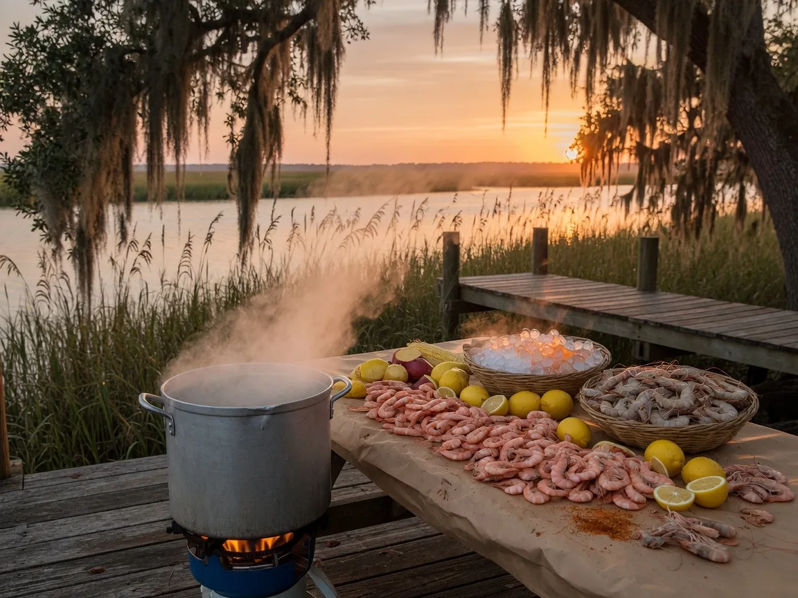 A traditional Gulf Coast shrimp boil on a wooden dock at golden hour, with a steaming pot, a paper-covered table of shrimp and lemons, and live oaks draped in Spanish moss nearby
