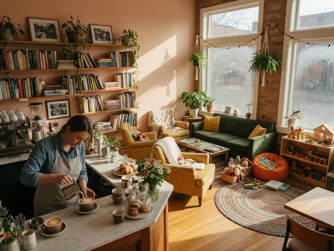 A bright community cafe interior with a barista pouring latte art, a book-lined library shelf, and a comfortable lounge
