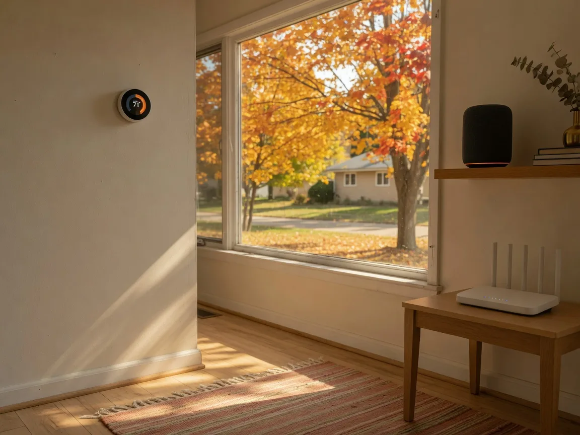 The interior of a smart retrofitted ranch home in an Ohio suburb: a white smart thermostat on the wall, a mesh WiFi router on a light-oak side table, and golden maples visible through a large window