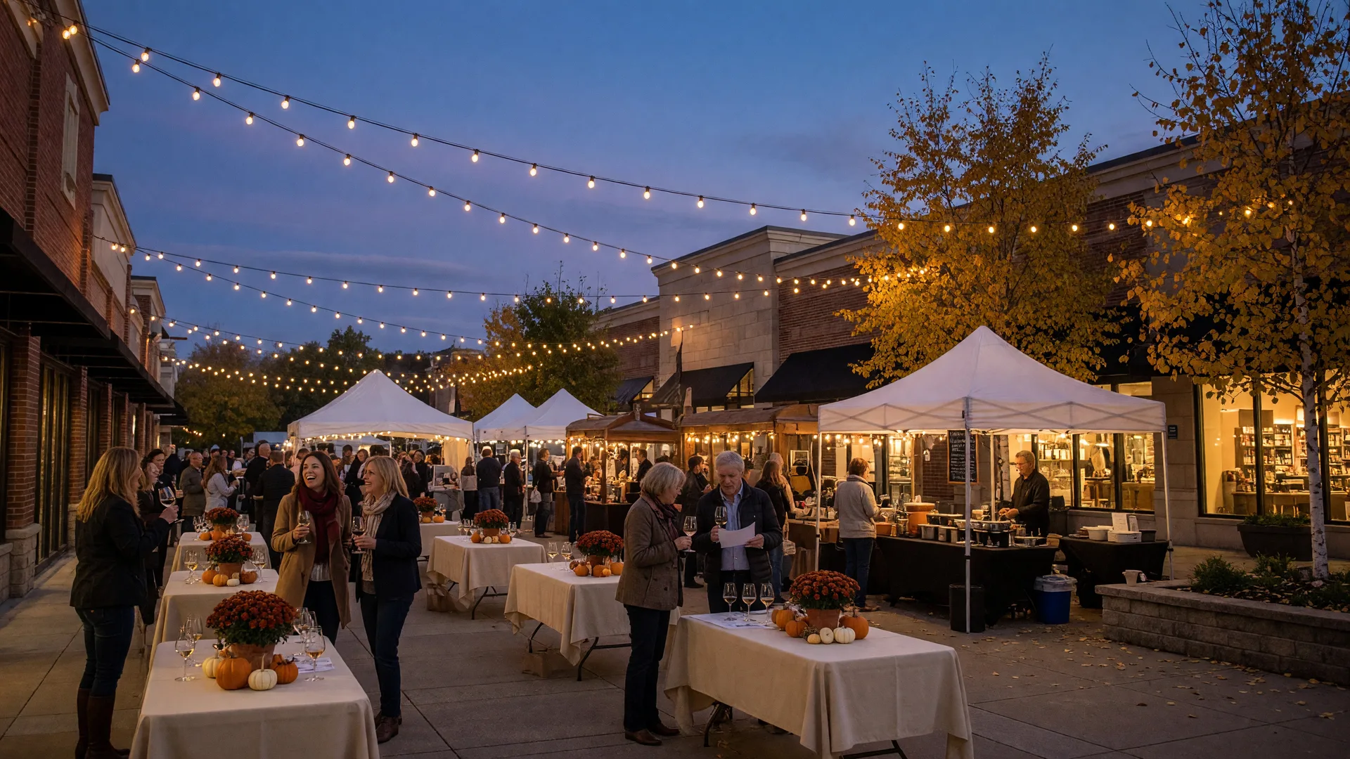 Mid-September evening wine festival at an outdoor plaza in Westlake, Ohio with string lights, white tasting tents, warm brick storefronts, and guests with wine glasses amid autumn mums and pumpkins at blue hour