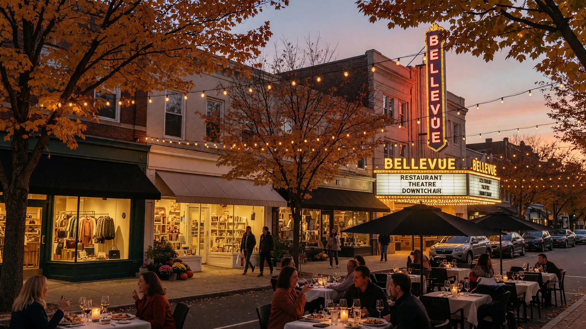 Church Street in downtown Montclair NJ on a mid-October evening with warm golden-hour light, the historic Bellevue Theatre facade with its vintage marquee, outdoor restaurant tables with patrons, boutique storefronts, string lights overhead, and maple trees at peak autumn color