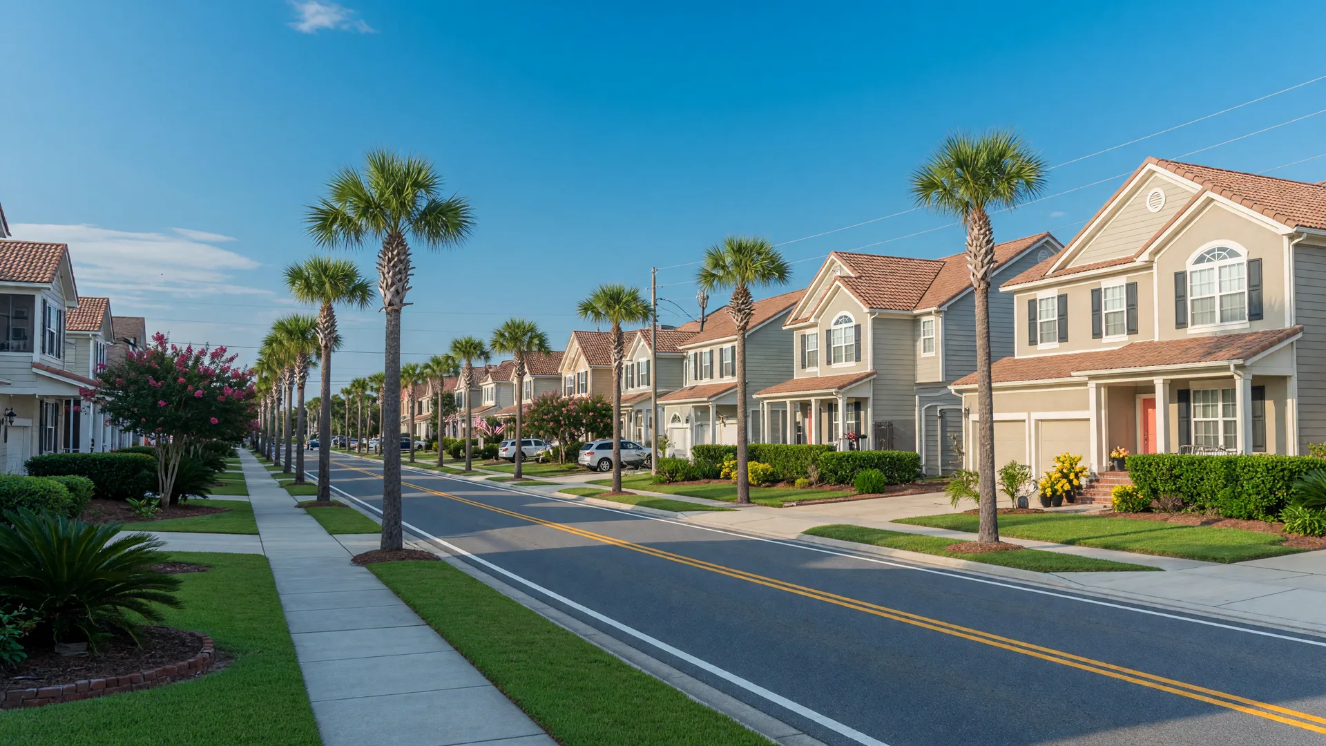 Residential streetscape in Carolina Forest Myrtle Beach SC with palm trees and modern homes