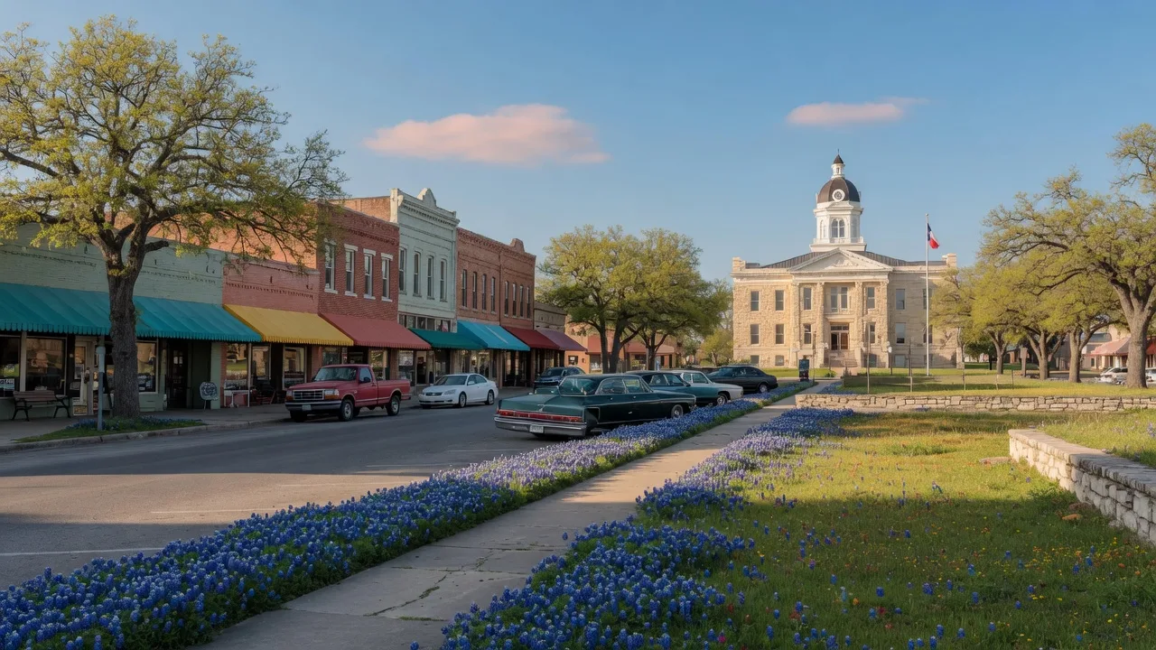 Historic small-town Texas main street with bluebonnet wildflowers in early spring