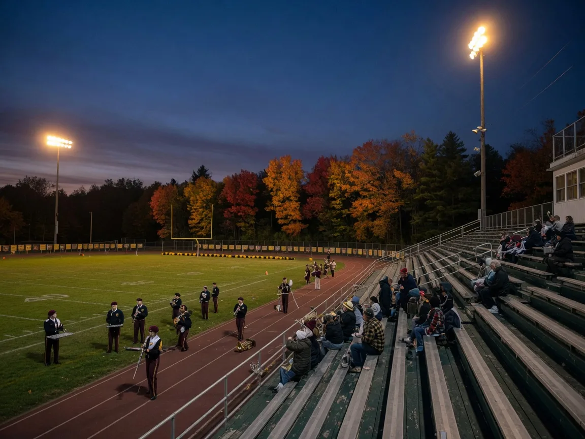 A small-town Pennsylvania high school football stadium under golden floodlights on a crisp late-September evening, the grandstand beginning to fill and the band warming up on the track