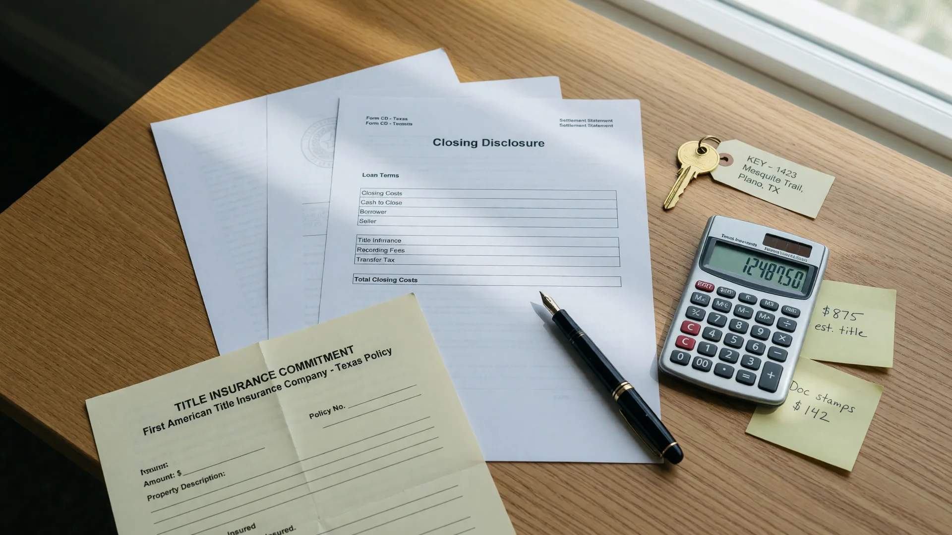 Closing disclosure, fountain pen, calculator, and house key on a closing day desk