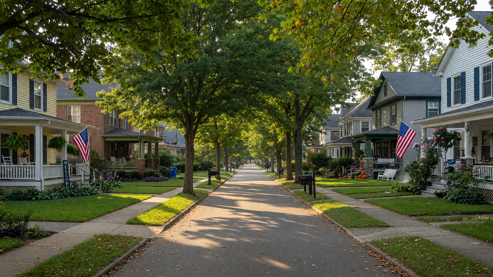 A tree-lined residential street in a Richmond-area Virginia neighborhood on a bright August afternoon, with Colonial and Craftsman homes and warm golden light