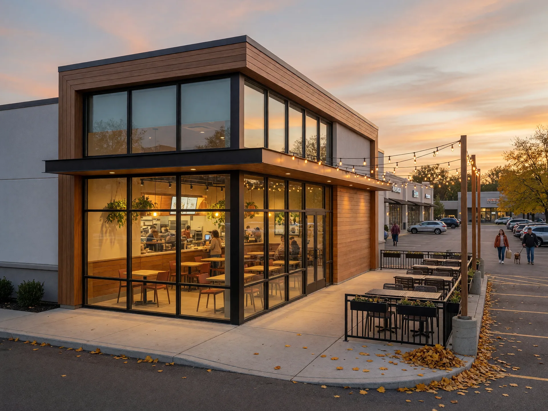 Golden-hour light on a modern restaurant storefront in a suburban Ohio shopping center with warm light glowing through large windows