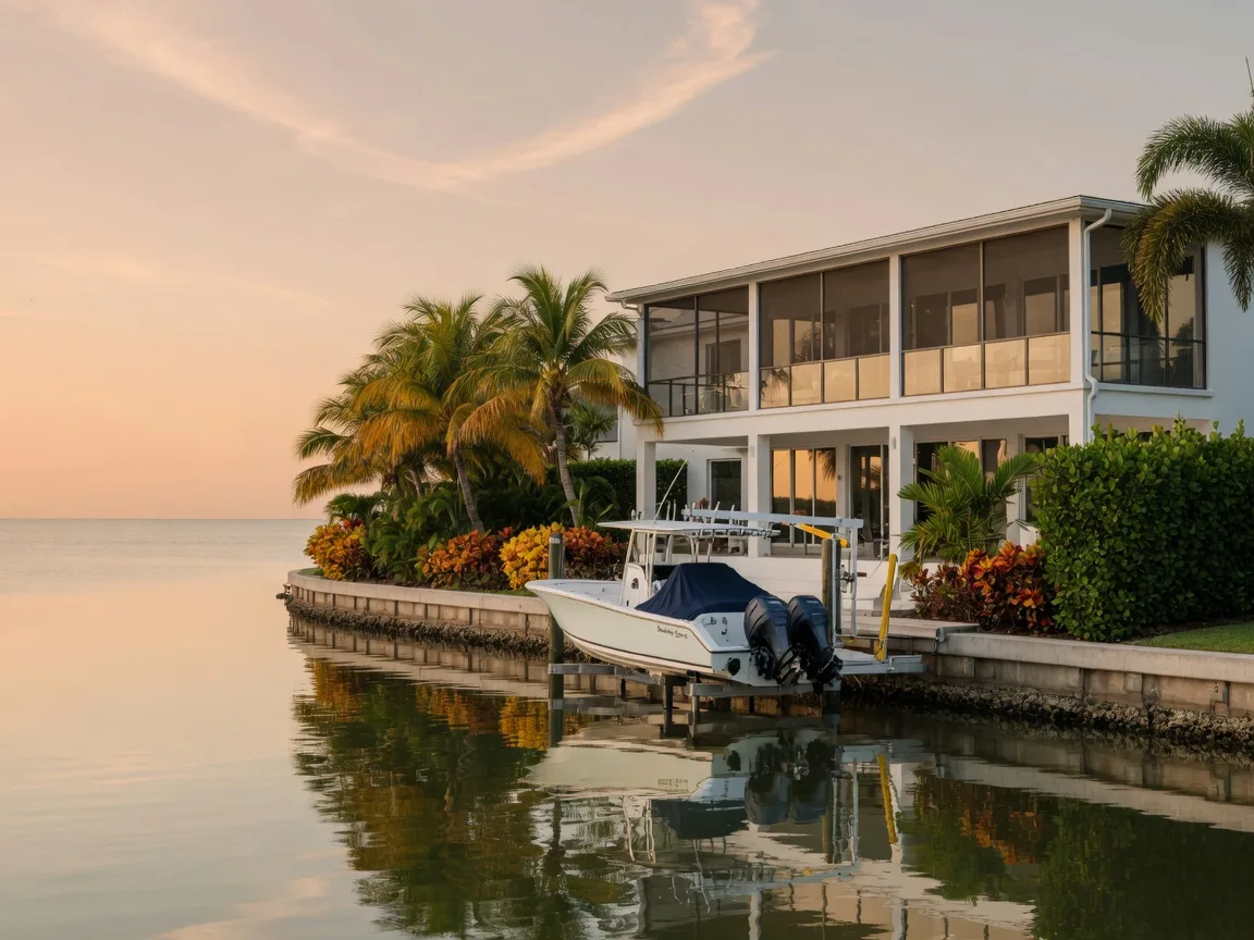 Luxury canal-front home in Naples, Florida with a docked boat at the lift, glass railings, screened lanai, and tropical landscaping in late afternoon light