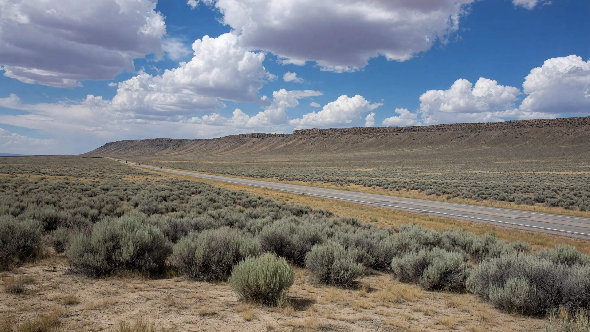 The high-desert plateau near Mountain Home, Idaho with sagebrush, a distant highway, and a big sky