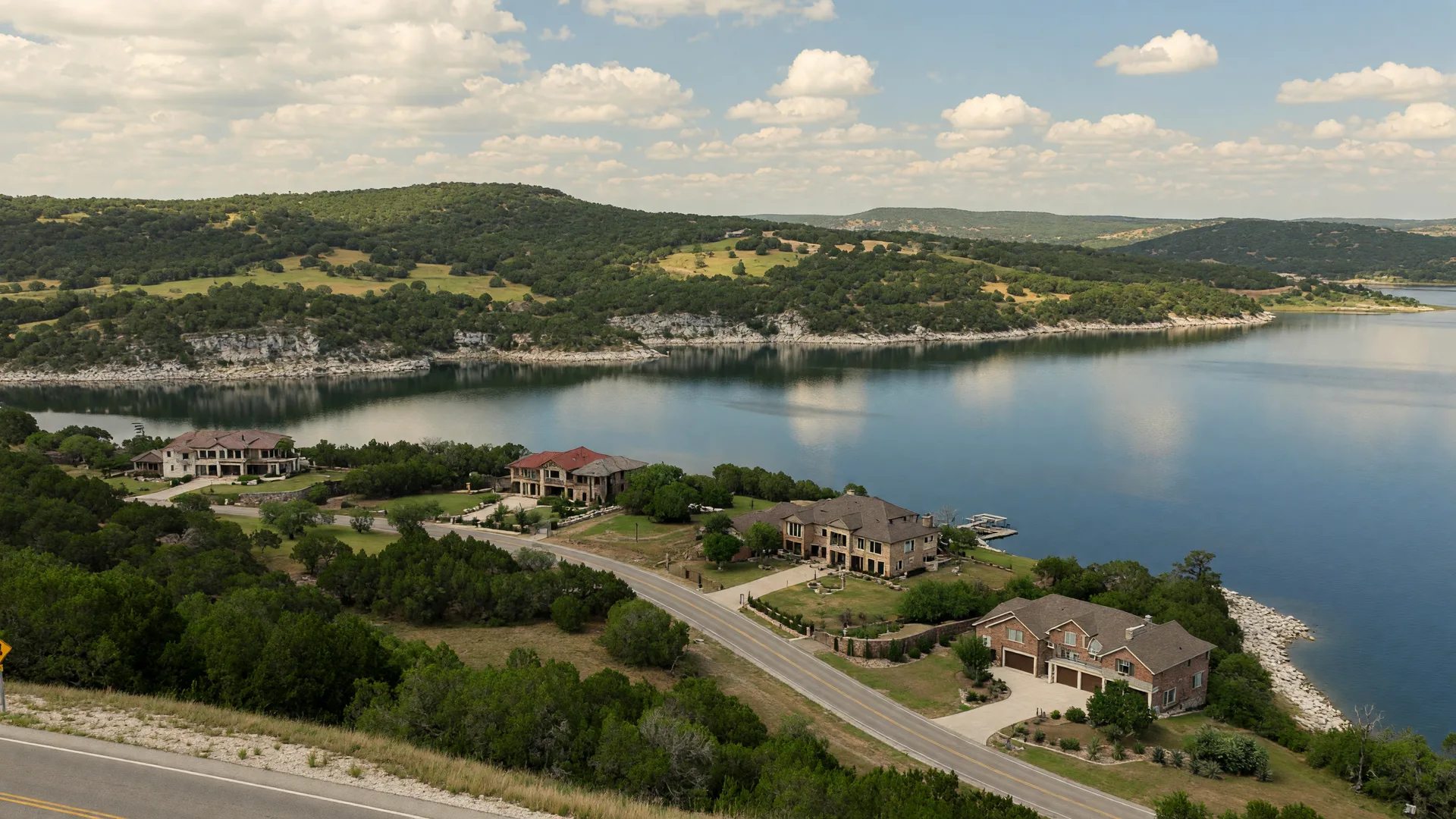A large Texas Hill Country lake community at the edge of Canyon Lake with custom homes on wooded acreage lots