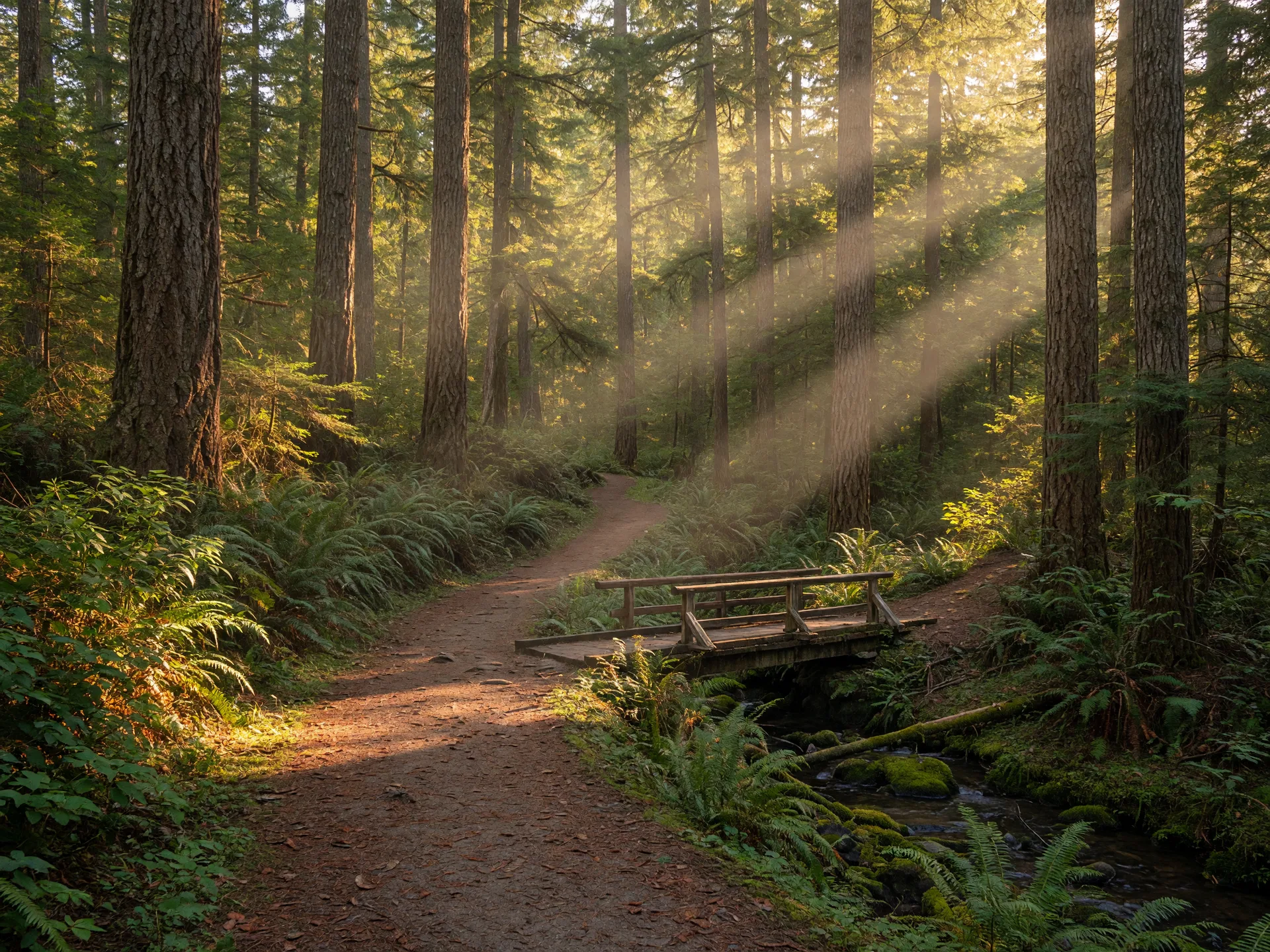 Forest trail with a wooden footbridge near Portland