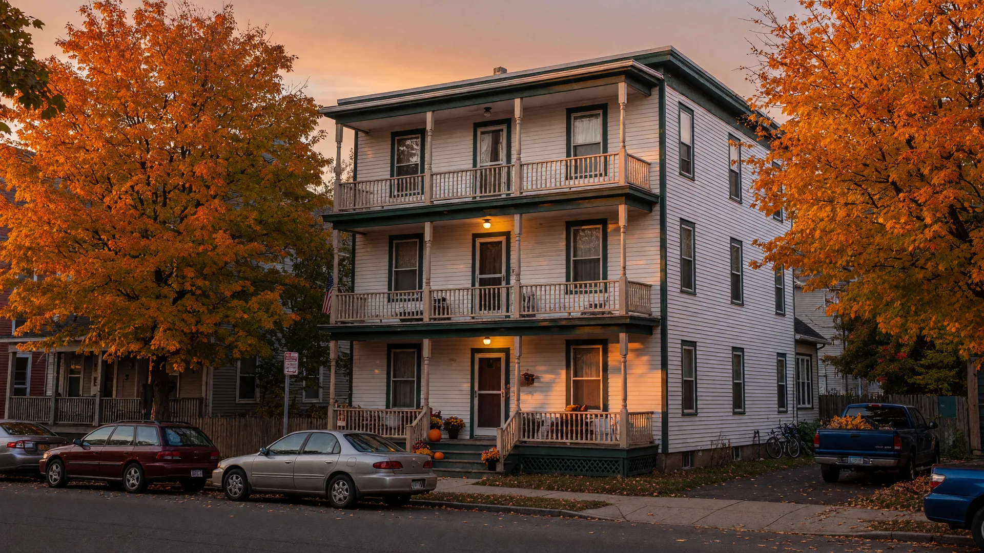 A classic white New Haven three-family home with three stacked porches on a tree-lined city street at golden hour in late October, framed by autumn maples with porch lights beginning to glow