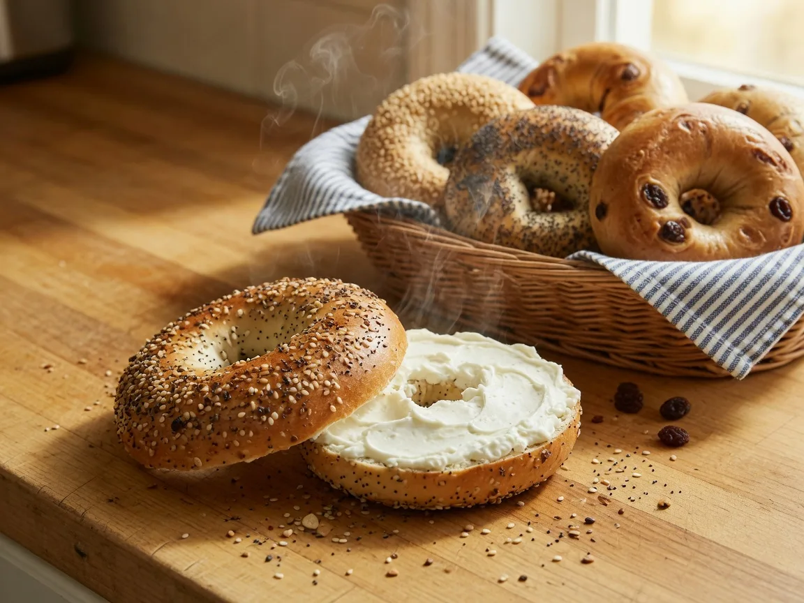 Fresh everything bagel with cream cheese on a wooden counter, basket of assorted bagels in background