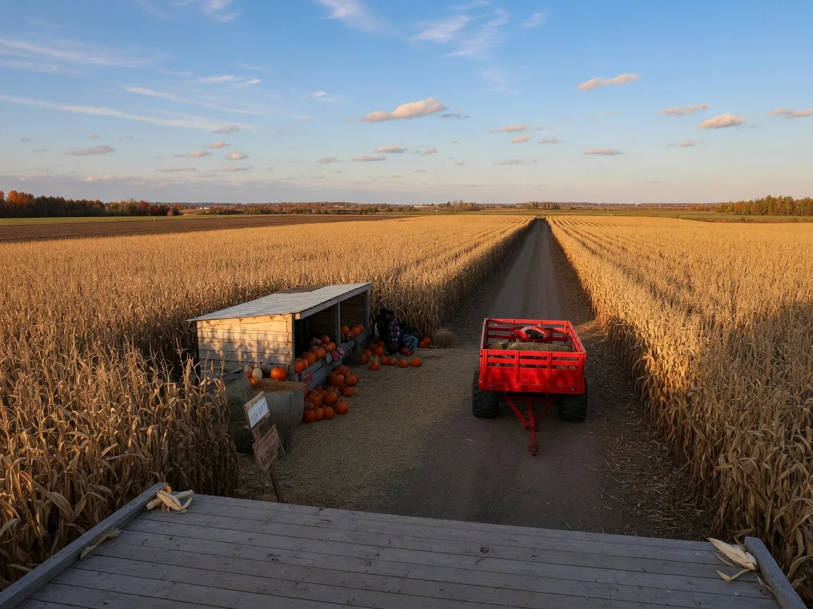 A 10-acre Ontario corn maze in golden October light: tall corn stalks in long converging rows seen from the raised entrance platform, a red tractor wagon on the lane and pumpkins and hay bales near the ticket stand