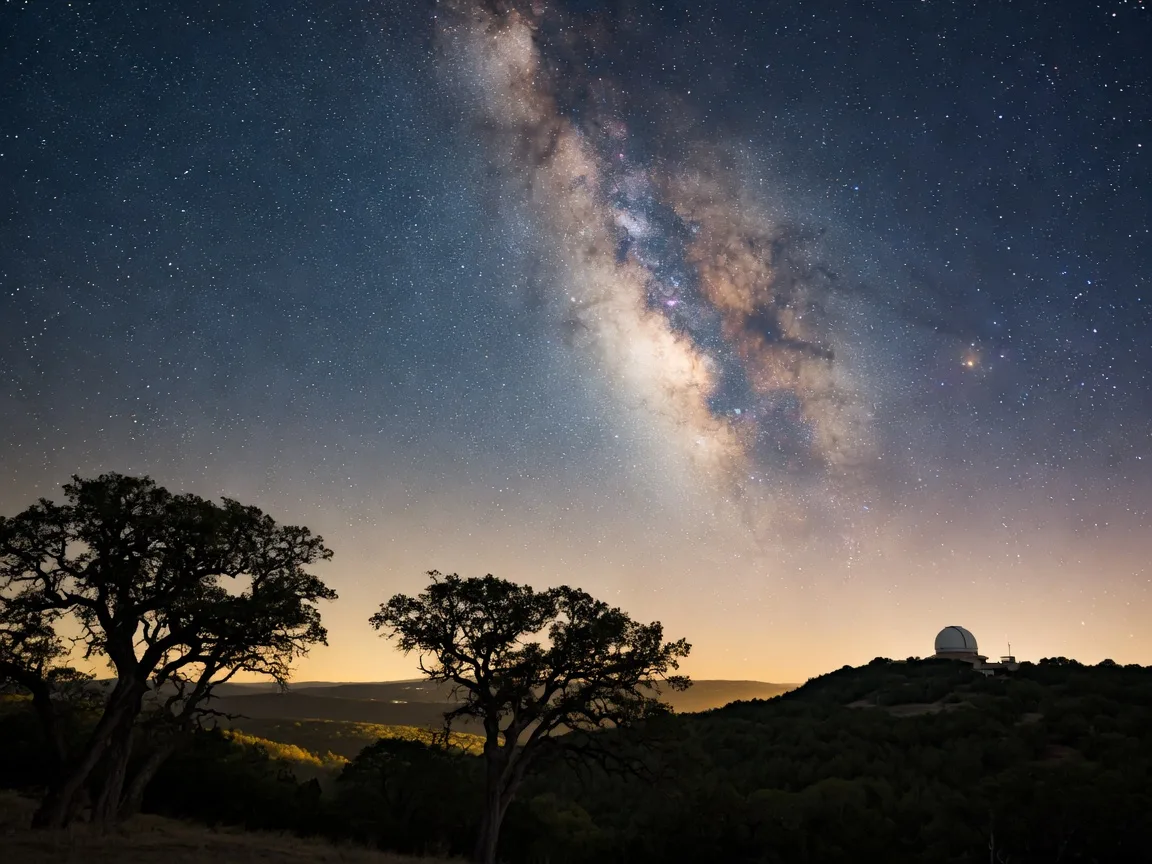 A star-filled Hill Country night sky above Ranch at Latitude 31, with the Milky Way and a distant observatory dome