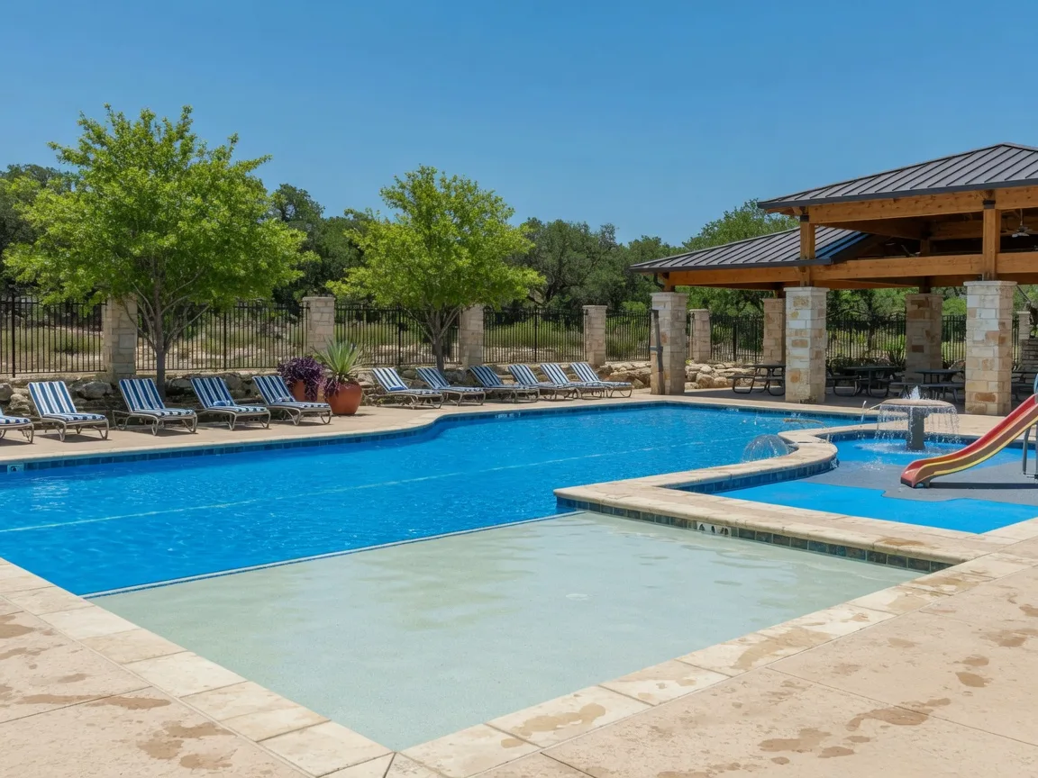 Resort-style community pool with a shallow tanning shelf and splash area beside a covered stone pavilion in a Hill Country neighborhood