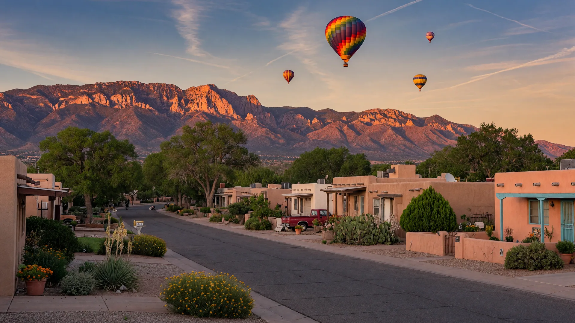 An Albuquerque neighborhood of adobe and stucco homes at golden hour with the Sandia Mountains glowing pink and gold and hot air balloons drifting in the sky