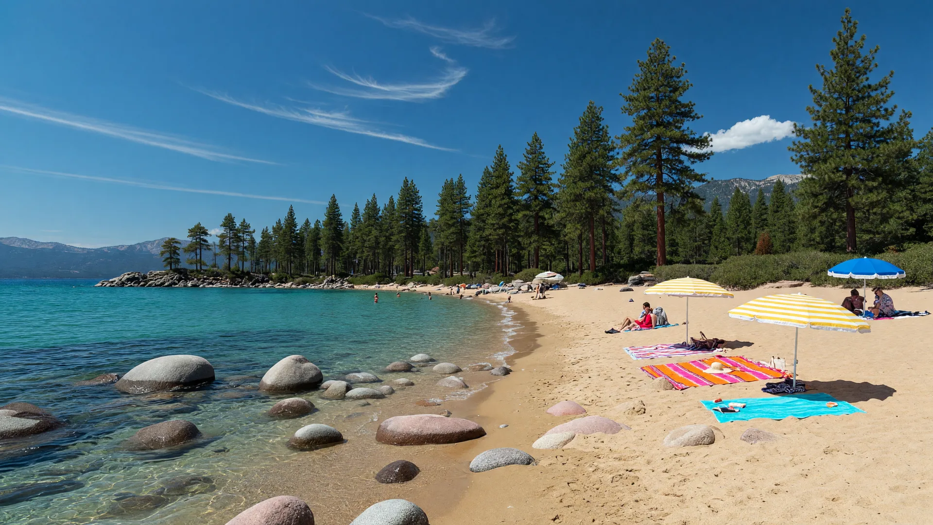 A sunny Lake Tahoe beach with granite boulders, turquoise water, and a pine-lined shore under a deep blue sky.