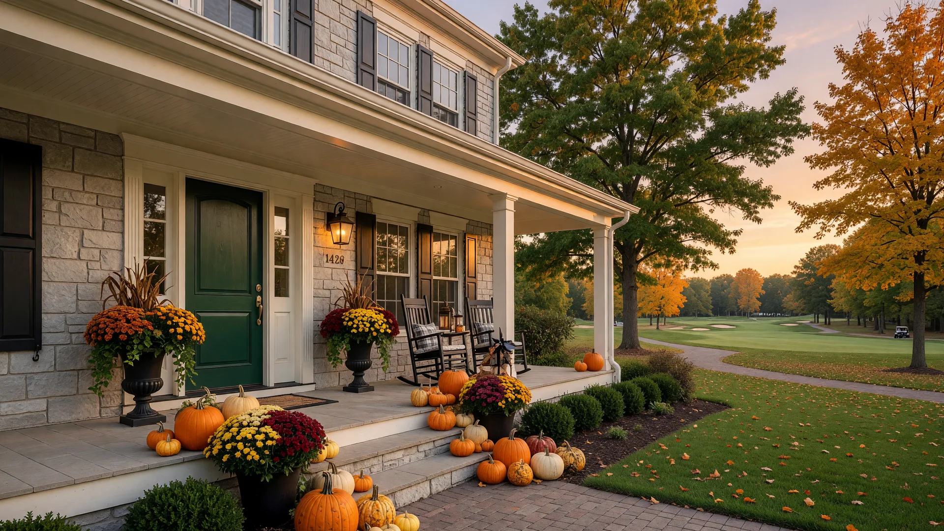 Luxury home in an upscale golf course community with autumn leaves, seasonal mums, and fall decor on the front porch