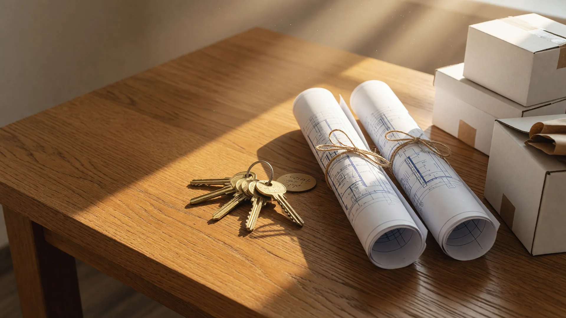 Brass house keys and rolled architectural blueprints on a sunlit oak desk, with moving boxes softly blurred in the background