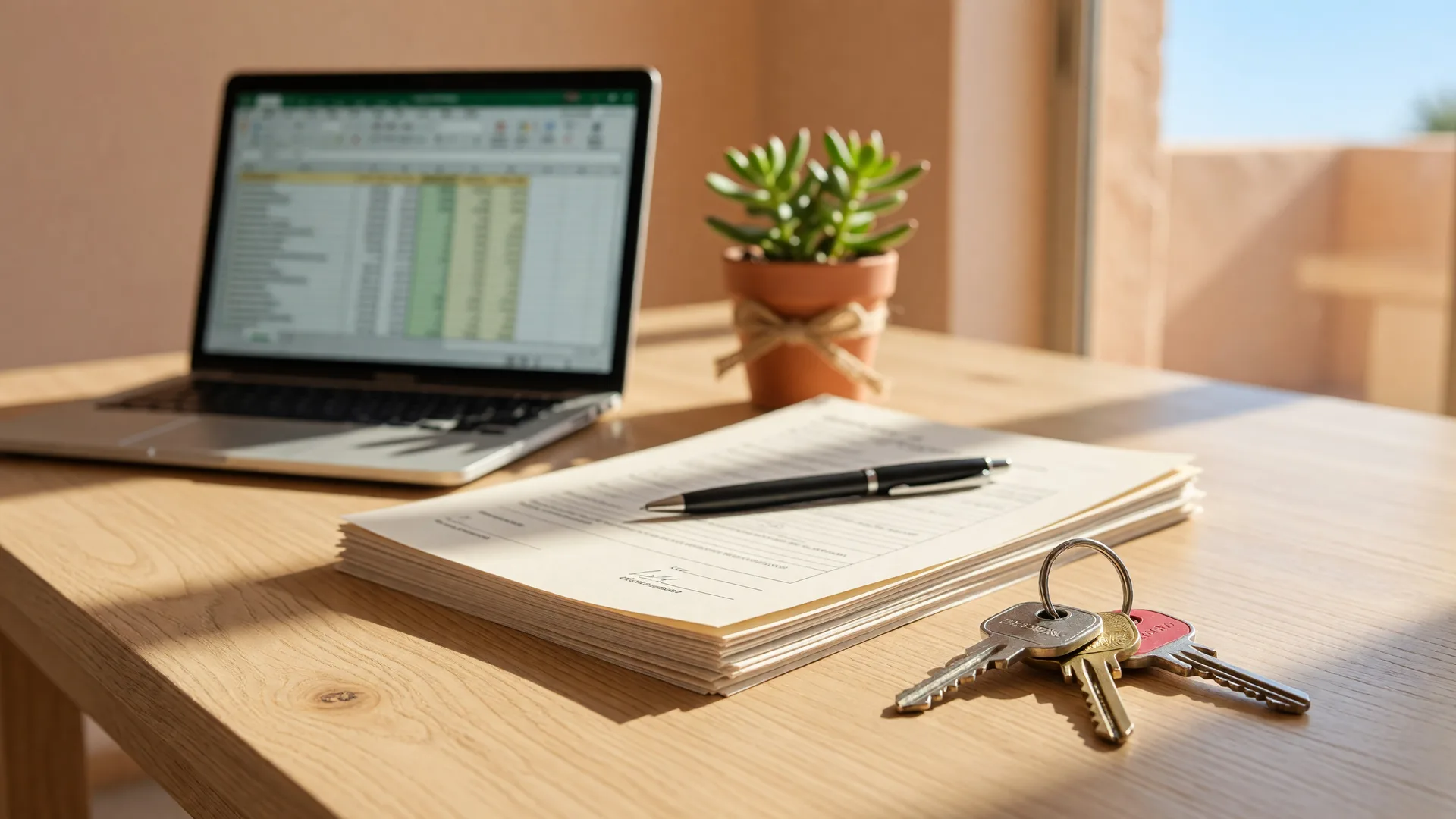 A stack of closing documents, a pen, a laptop, a potted succulent, and house keys on a light oak table in warm Arizona sunlight
