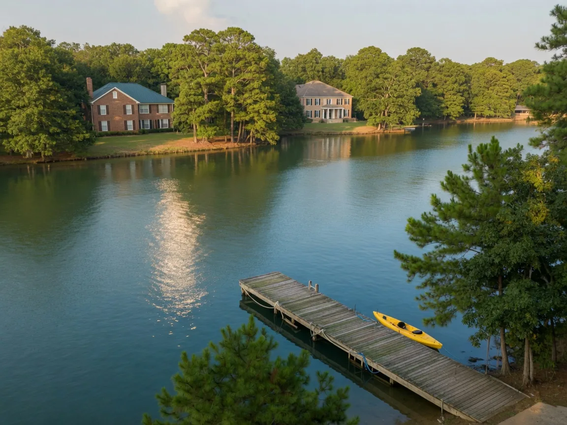 A wooded cove on Lake Houston with a small dock, seen from a Kingwood shore