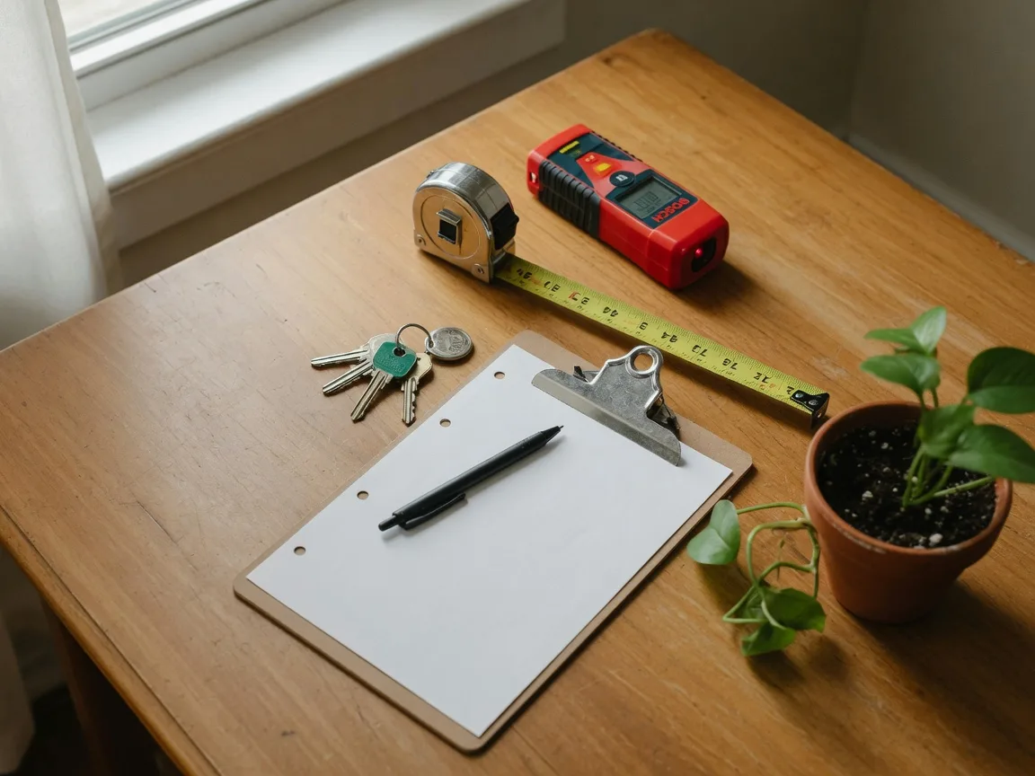 Appraiser's tools on a wooden table in a Washington DC rowhouse: a laser distance measurer, a measuring tape, a clipboard with pen, and house keys in soft window light