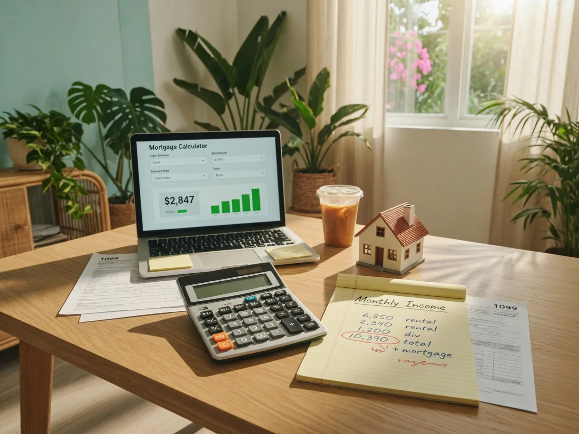 Financial calculator and income documents on a desk showing what income is needed to buy a house in South Florida