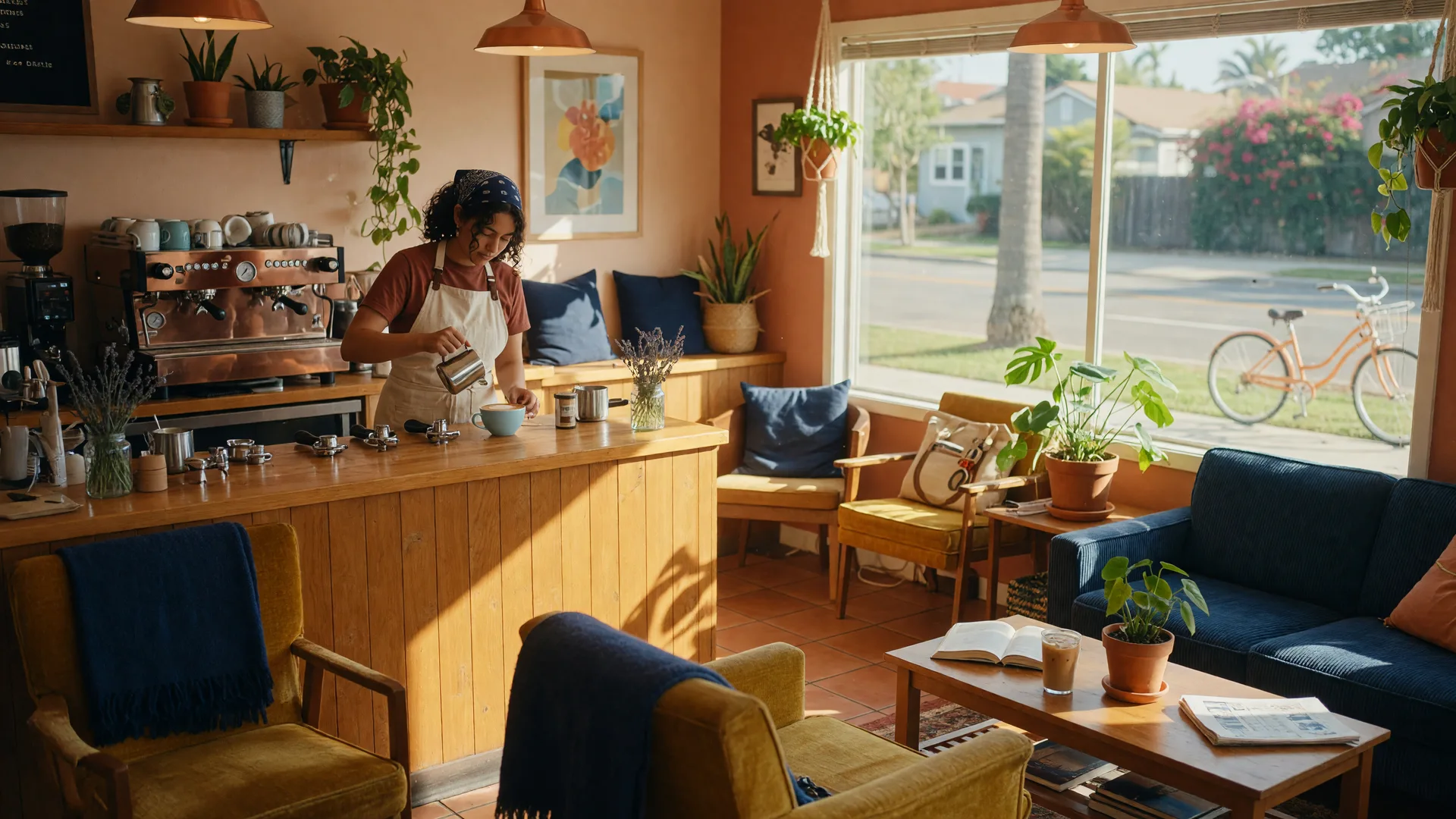 Cozy local coffee shop interior in Murrieta, California with a barista crafting espresso