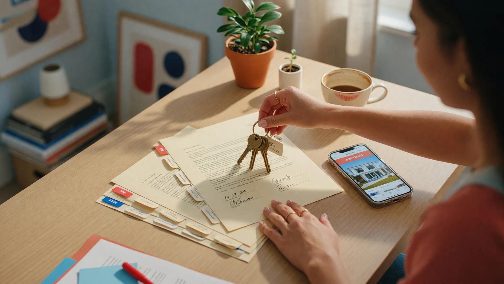 A real estate agent's hands place brass house keys onto a signed purchase agreement next to a phone showing a home listing.