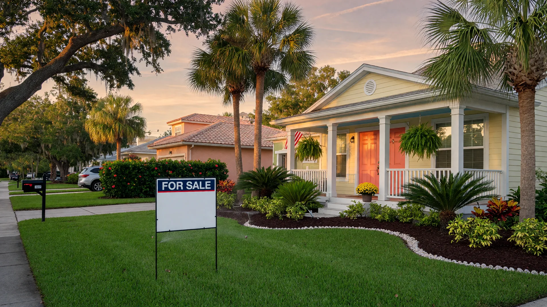 A well-maintained Florida home with a For Sale sign in a Tampa Bay neighborhood at golden hour, with palm trees and a landscaped front lawn
