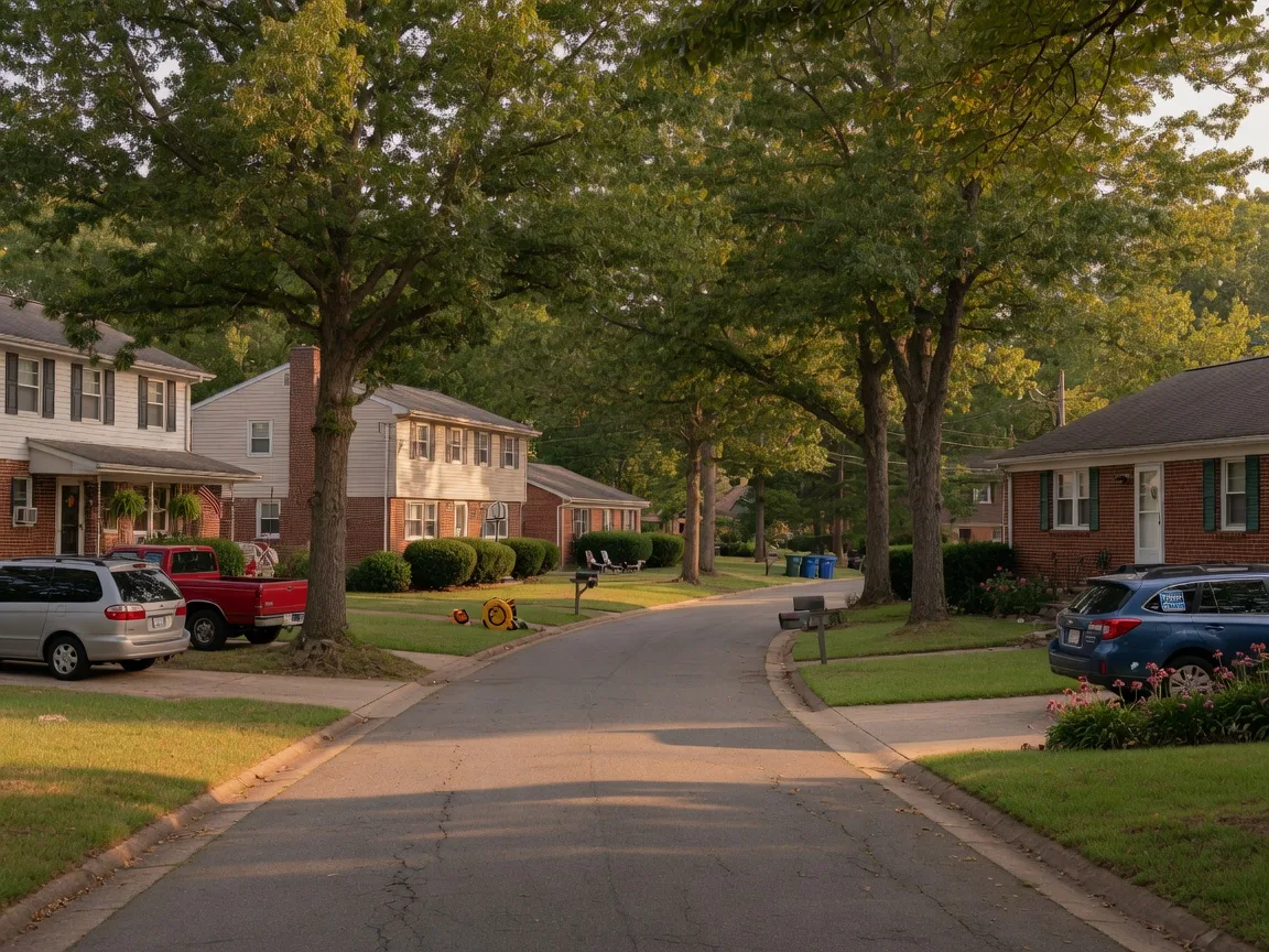 Quiet tree-lined residential street in Prince William County with well-maintained homes, representing established family neighborhoods